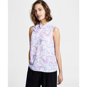 Bar III Women's XXS Purple & White Marble Print Cowl Neck Sleeveless Blouse NWT
